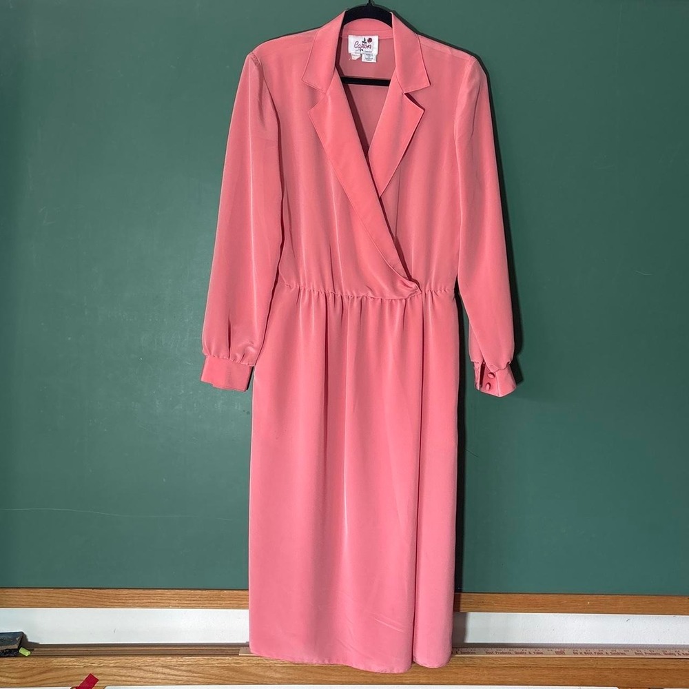Vintage Caron Chicago Pink Coral Wrap Midi Dress Long Sleeve 80s Retro Size 10